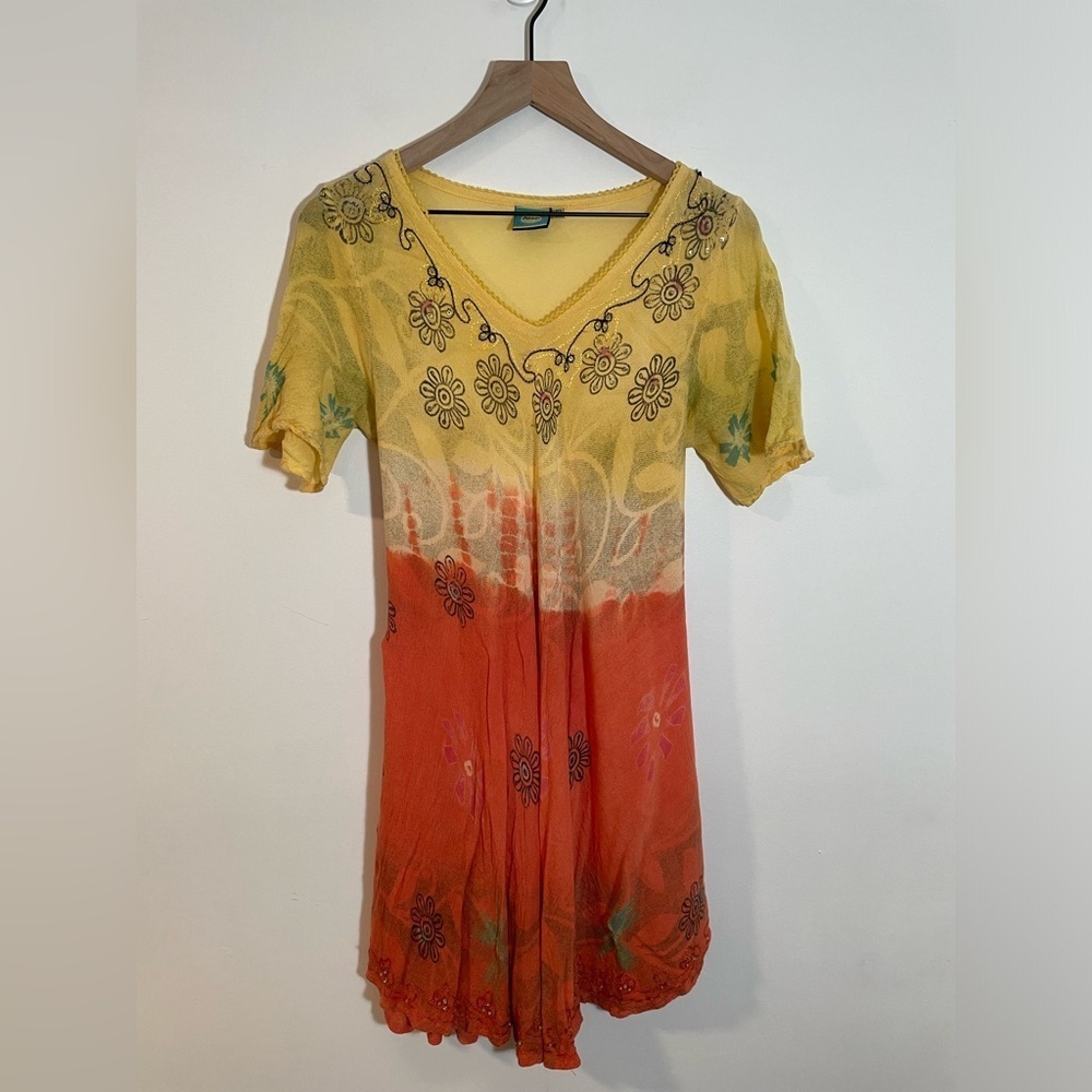 Aremar Dominican Republic Boho Embroidered Yellow Orange Free Size Dress